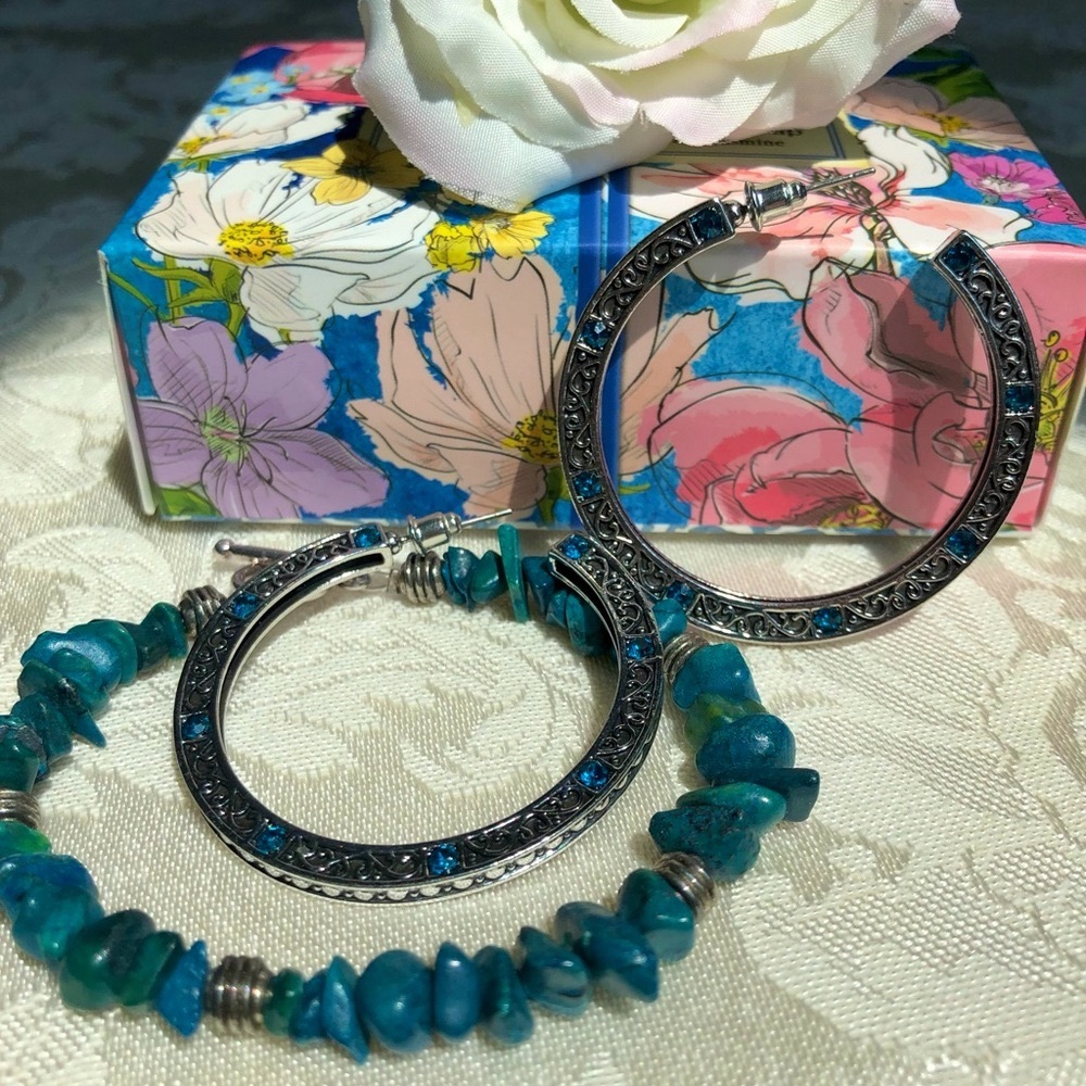 Vintage Turquoise Bracelet & Intricate Silver Blue Rhinestone Hoops Bundle